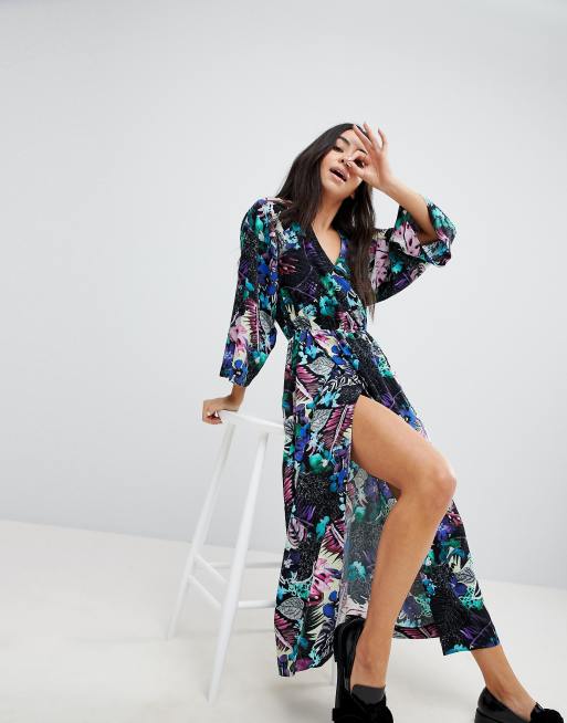Monki Midi jurk met overslag en tropische bloemenprint ASOS