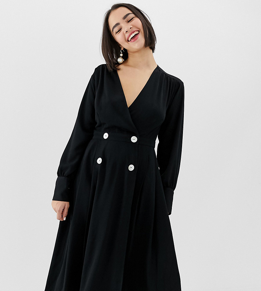 Monki - Midi-jurk met V-hals en knopen in zwart