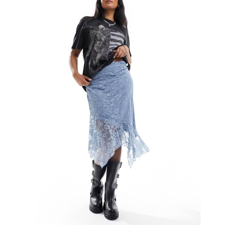 Monki midi knee length lace asymmetric skirt with lining in