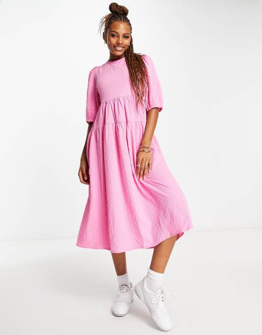white christmas dresses Women Solid Pink Off-Shoulder Neck Puff Sleeves Cut-Out Asymmetrical Hem A-Line  Midi Dress main image 1
