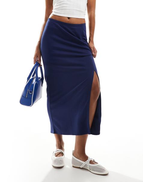Monki - Midi rok van superzachte jersey met elastische plooi in marineblauw - view 1
