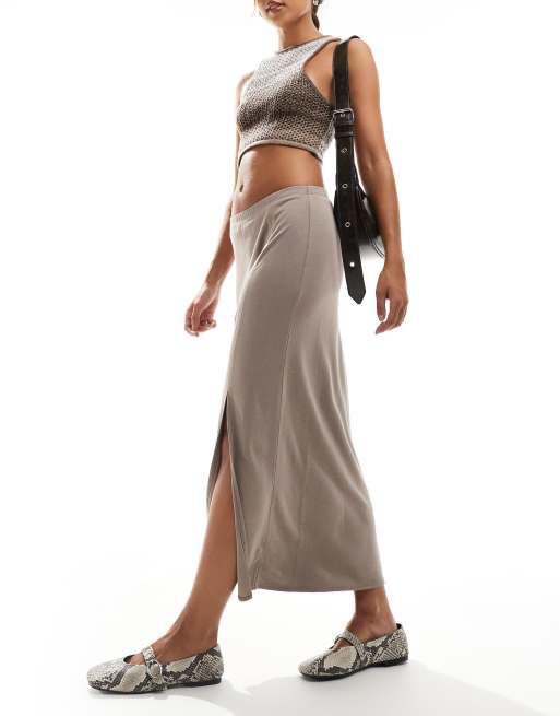 Monki - Midi rok van superzachte jersey met elastische plooi in mol beige