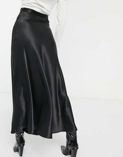 Monki midi satin skirt in black