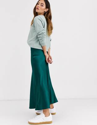 Monki midi satin skirt in dark green-Brown