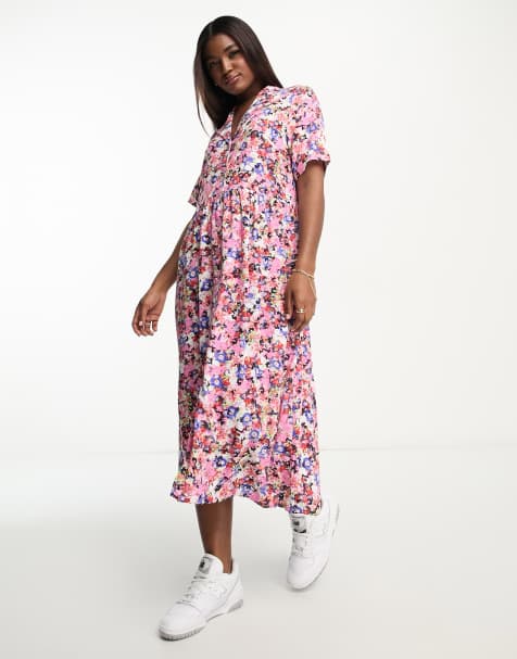 Monki midi shirt dress in pink floral print