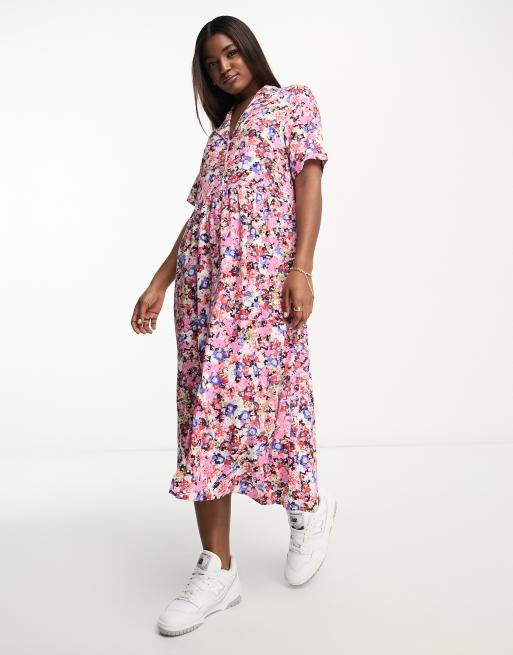 Monki midi shirt dress in pink floral print ASOS