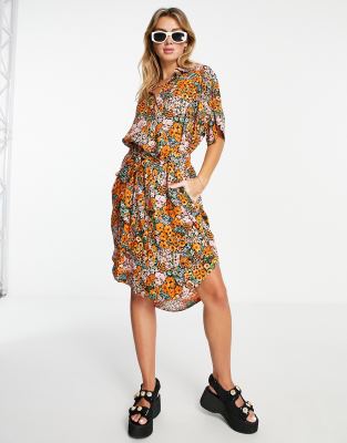 Monki Midi Shirt Dress With Tie Waist In Bright Rainbow Floral