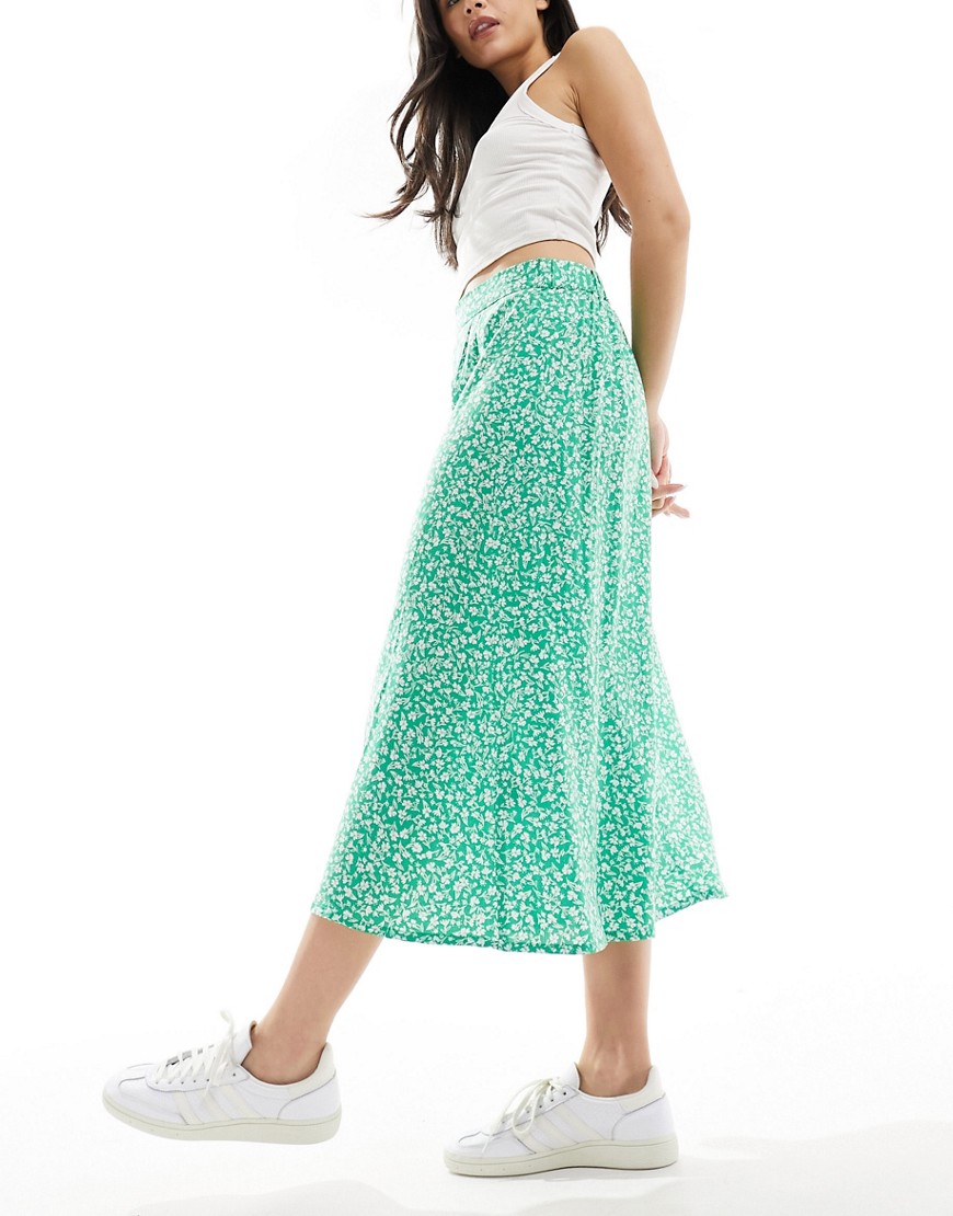 Monki midi skirt in green meadow floral-Multi