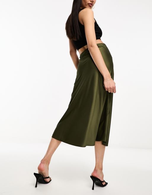 Satin bias cut midi skirt khaki sales