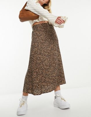 Monki midi skirt in leopard leoheart print