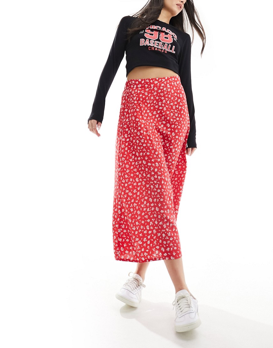 Monki midi skirt in red meadow floral