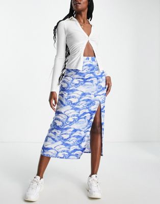 Monki midi skirt with leg slit in blue wave print  - ASOS Price Checker
