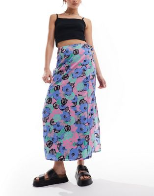 Monki midi skirt with tie waist in artsy pastel flowers print