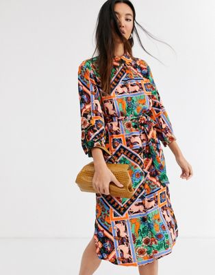 Monki - Midi-skjortekjole med tørklædeprint og bælte-Multifarvet