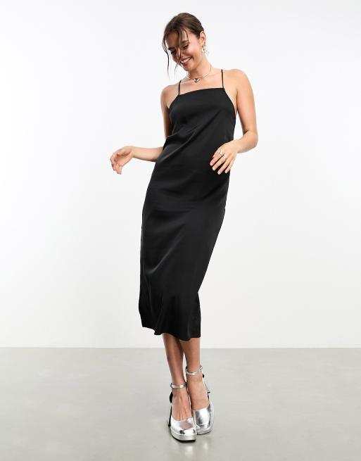 Monki midi slip dress with tie back in black