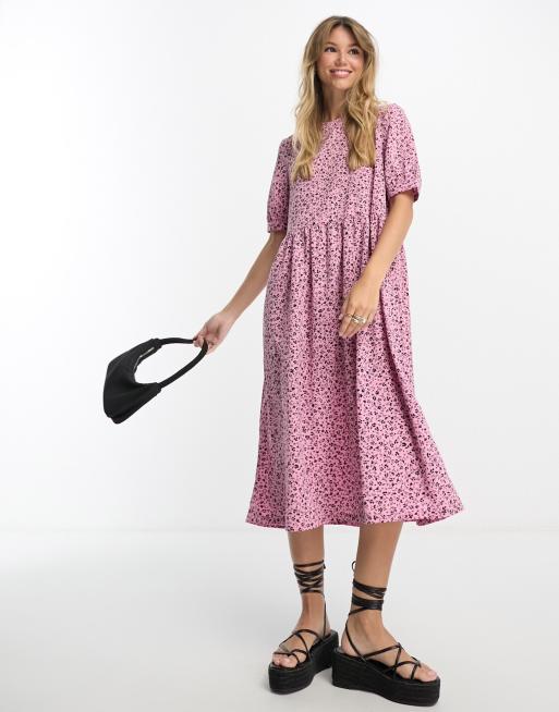 Monki midi smock dress in pink meadow floral