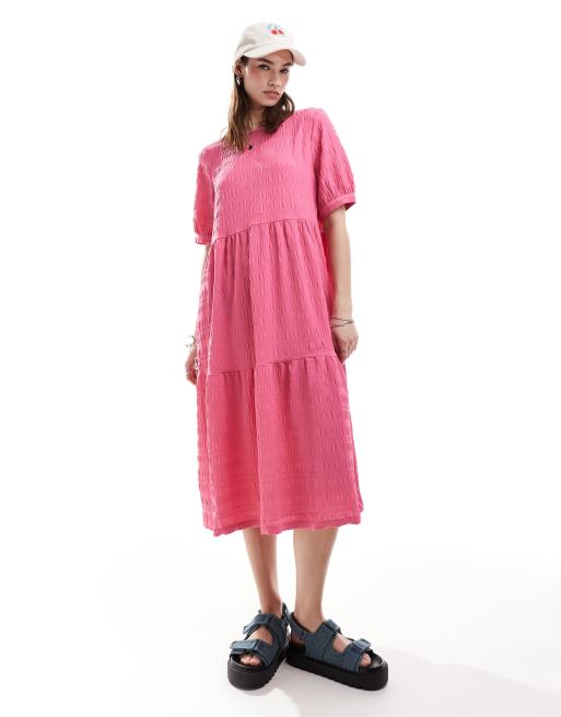 Monki midi smock dress with tiered hem in pink 