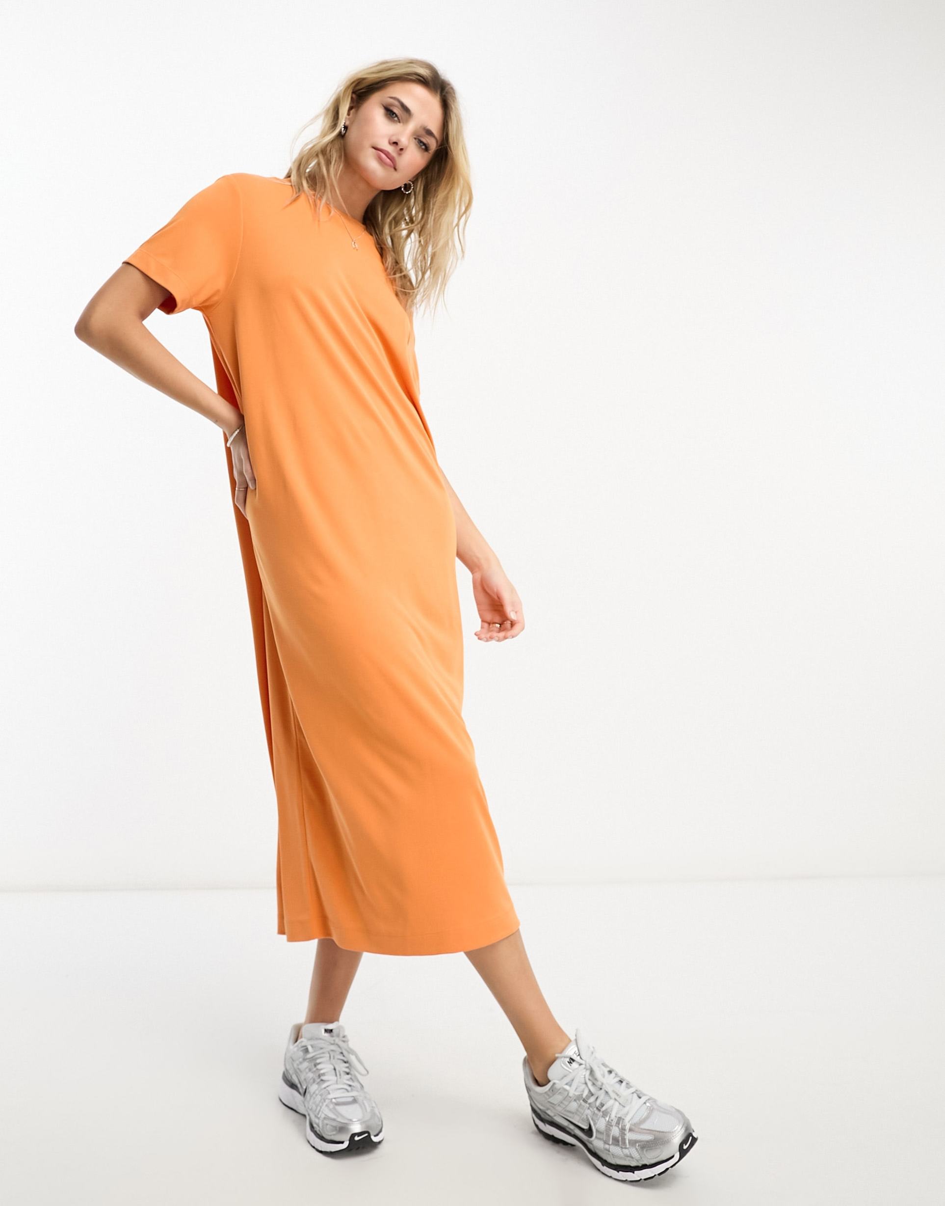 monki midi t-shirt dress in orange