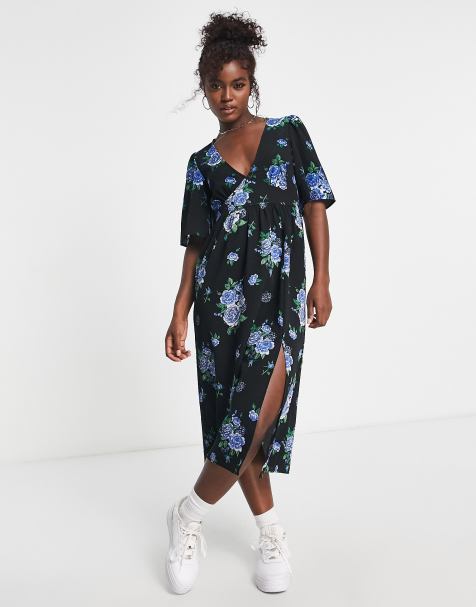 Monki midi tea dress in black floral - view 1
