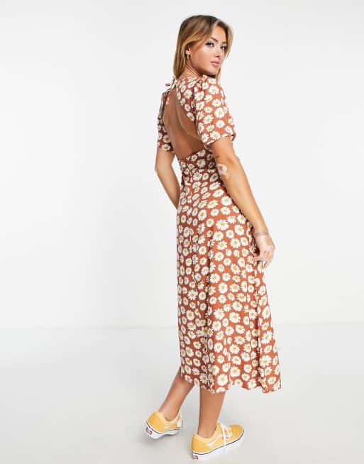 ASOS DESIGN linen square neck maxi dress with cut out tie back in  terracotta