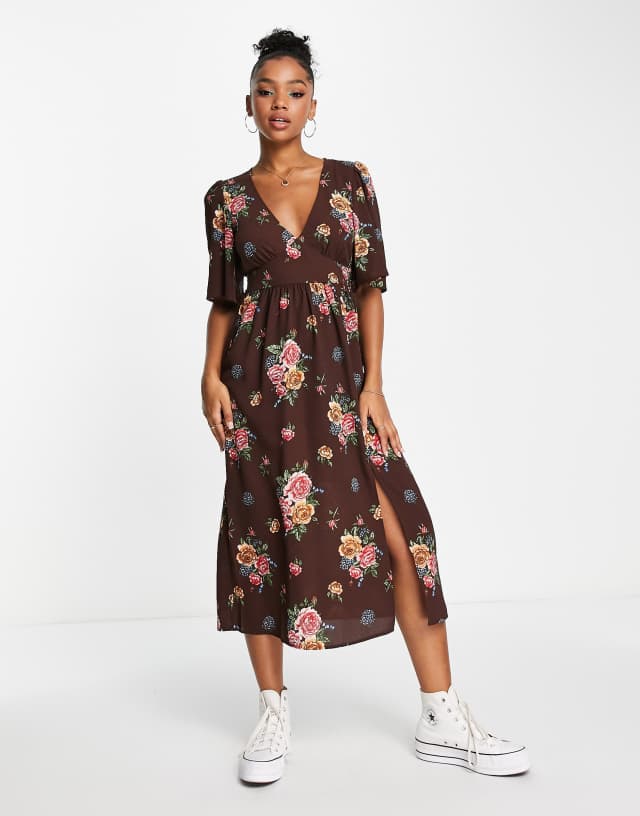 Monki midi tea dress with split in brown floral print