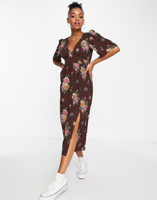 Monki midi tea dress with split in brown floral print