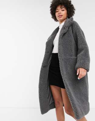 Monki midi teddy coat in dark grey