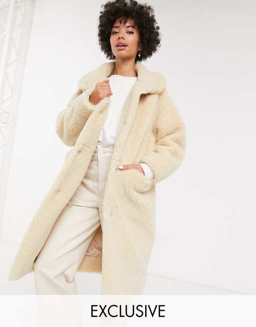 precedent gazon puppy Monki midi teddy coat in off white | ASOS