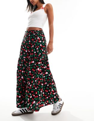 Monki midi tiered skirt in black cherry print