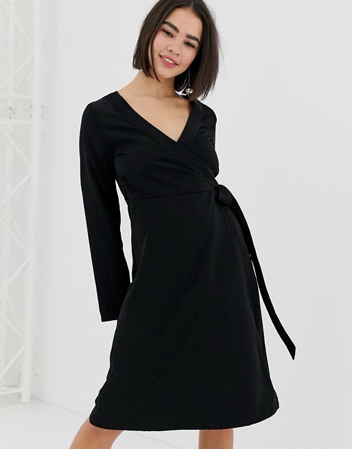 Monki midi wrap dress in black