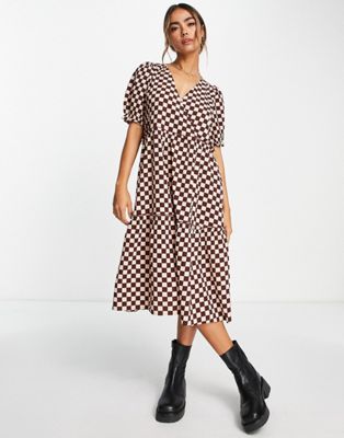 Monki midi wrap dress in pink and brown checkerboard