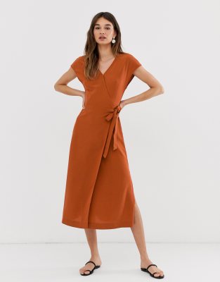 orange midi wrap dress