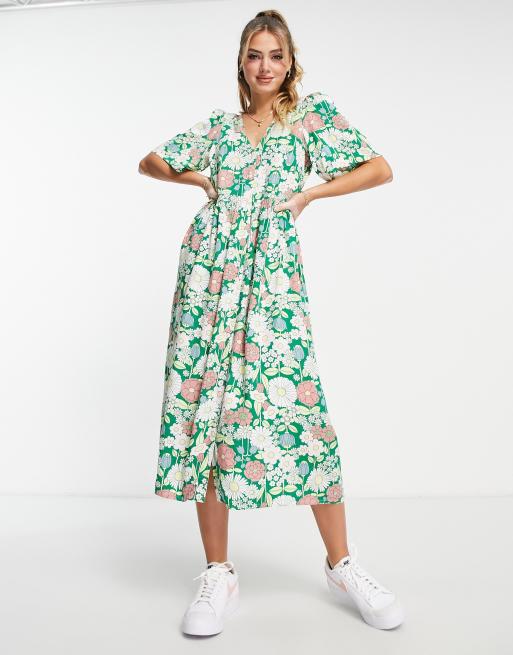 Monki - Midikjole med knapper og retro-blomstermønster