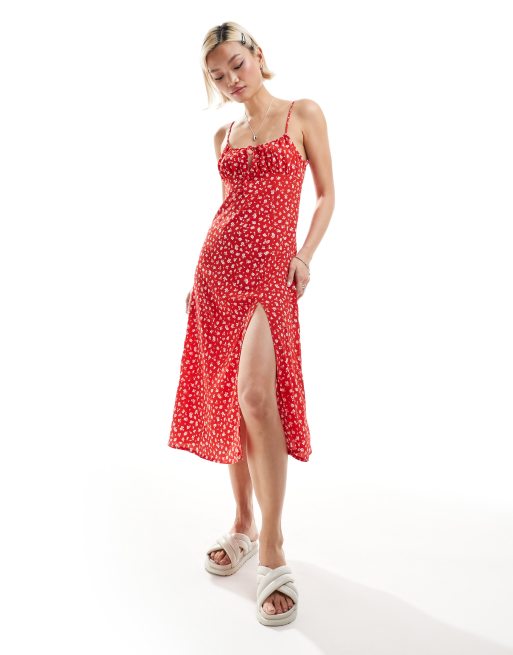 Monki – Midikleid in Rot mit Riemchenträgern, Blümchenmuster und Schlitz