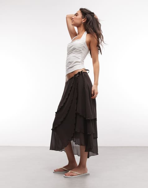 Monki - Midirok van chiffon met ruches in chocoladebruin - view 1