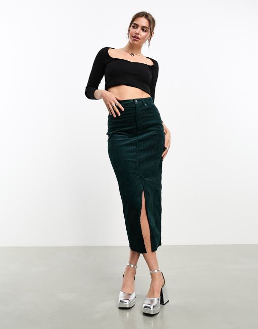 Monki - Midirok van corduroy met split in de zoom in bosgroen