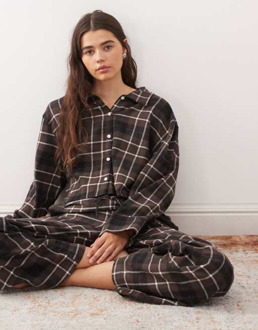 Monki – Mieszaj i łącz – Brązowa flanelowa piżama w kratę, 4 z 4