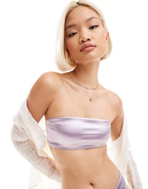 Monki – Mieszaj i łącz – Liliowa metaliczna góra od bikini z dekoltem bandeau - view 1