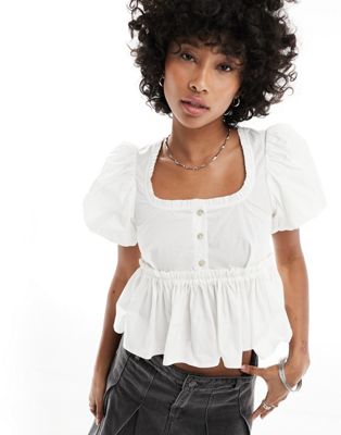 Monki milkmaid blouse with frill neckline and back bow detail-White