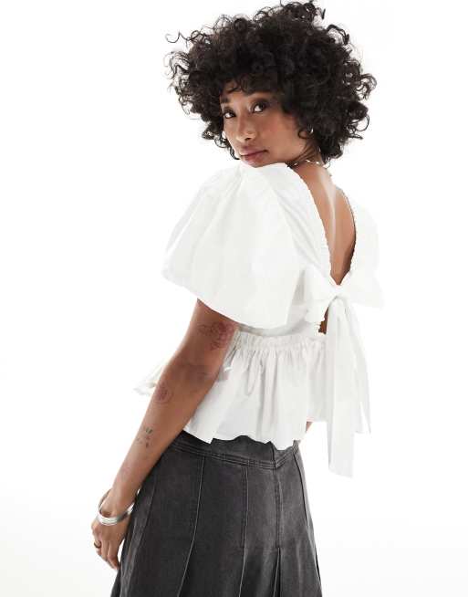 Off shoulder frill trim bow front shirred milkmaid top sale