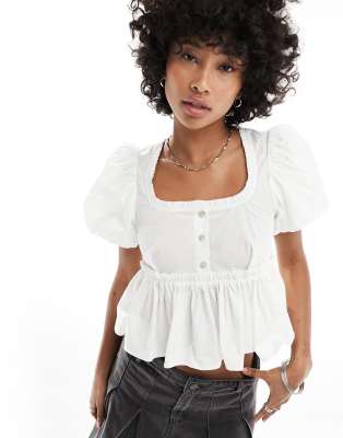 milkmaid blouse with ruffle neckline and back bow detail-White