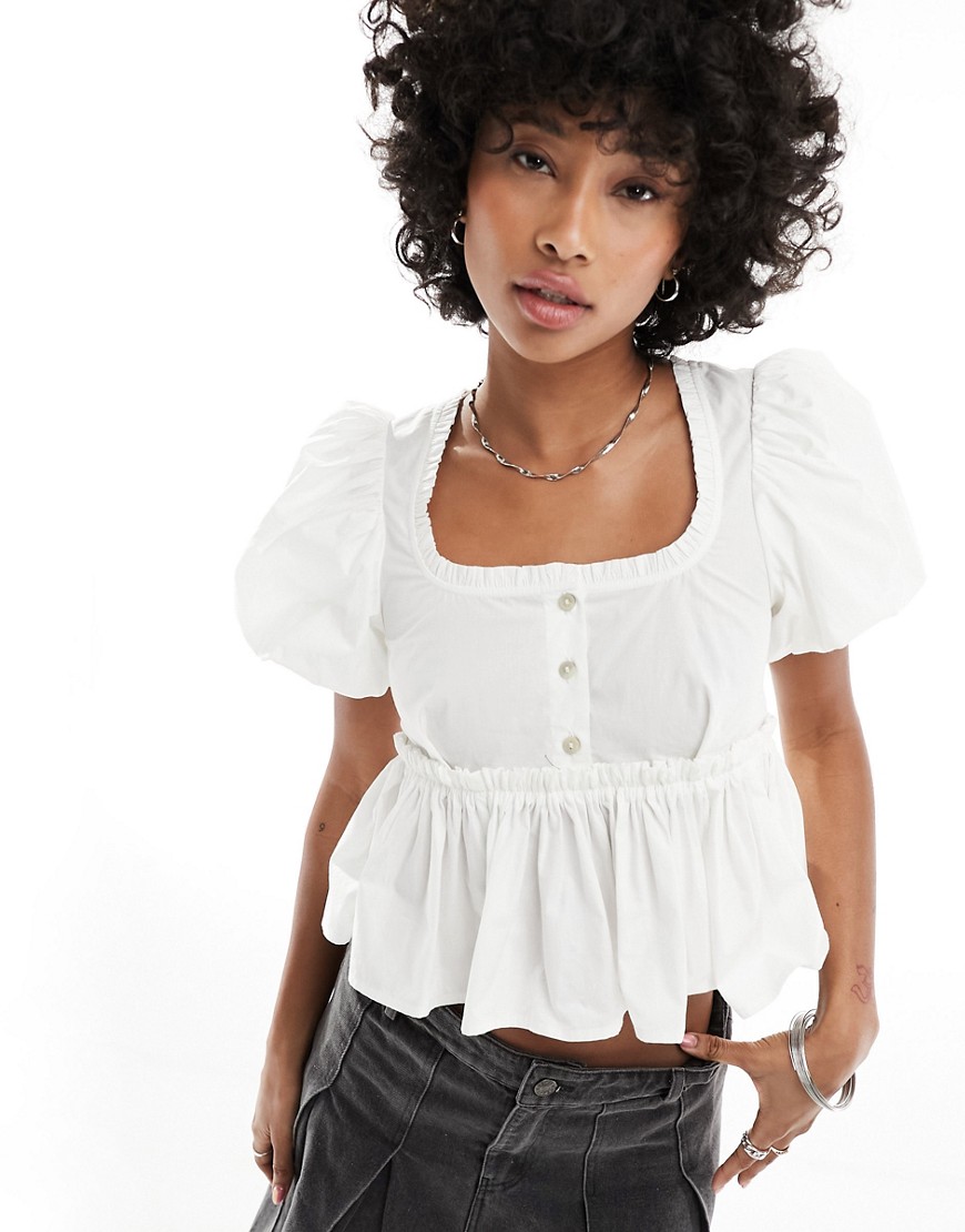 Monki Milkmaid Blouse With Ruffle Neckline And Back Bow Detail-white