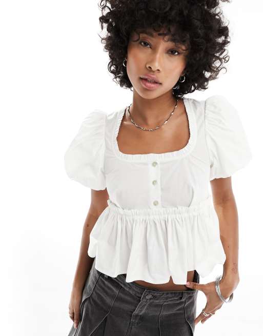 Monki milkmaid blouse with ruffle neckline and back bow detail