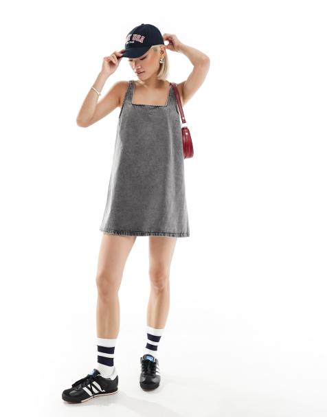 Monki mini denim overall dress in dark gray wash - view 1