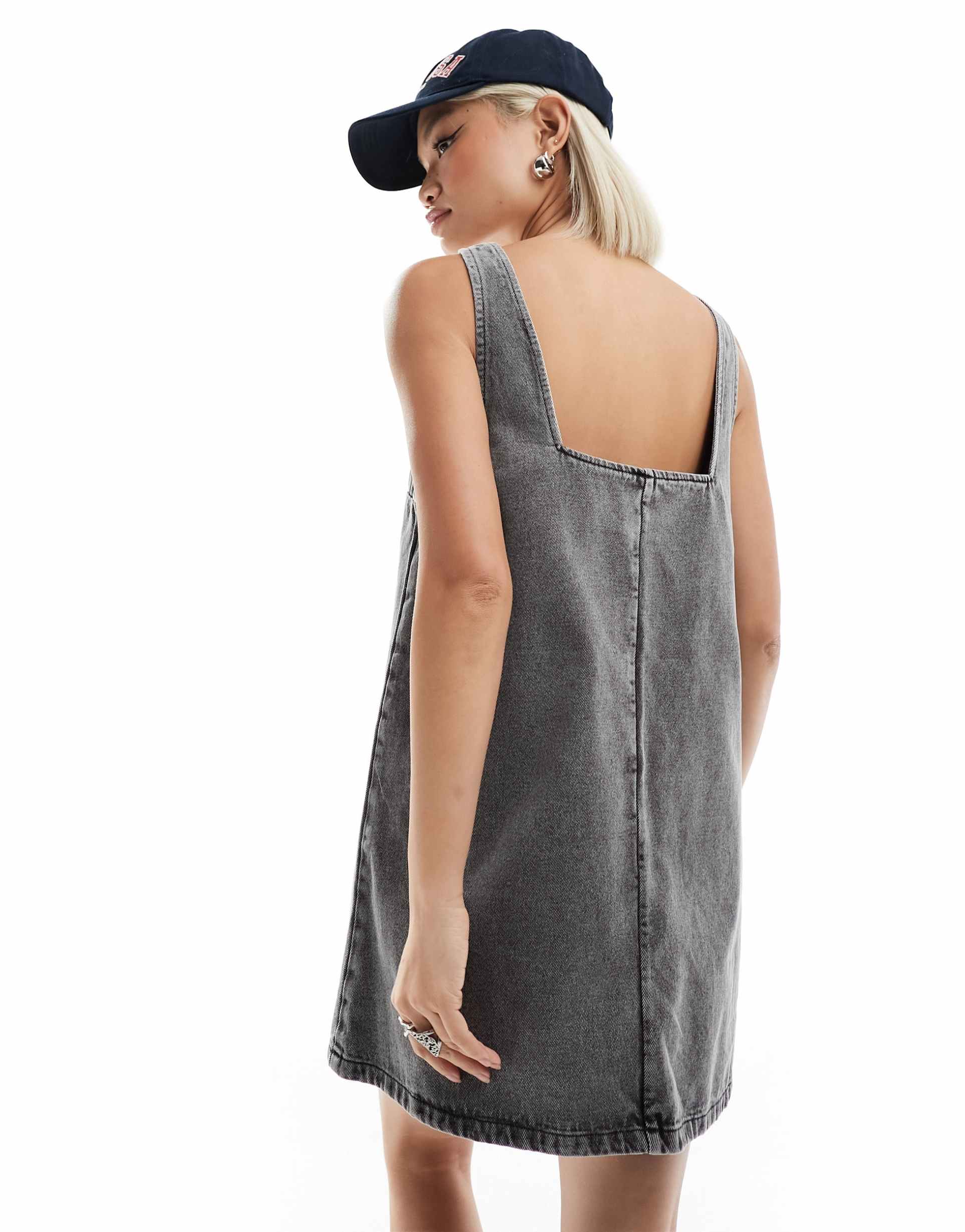 monki mini denim overall dress in dark gray wash