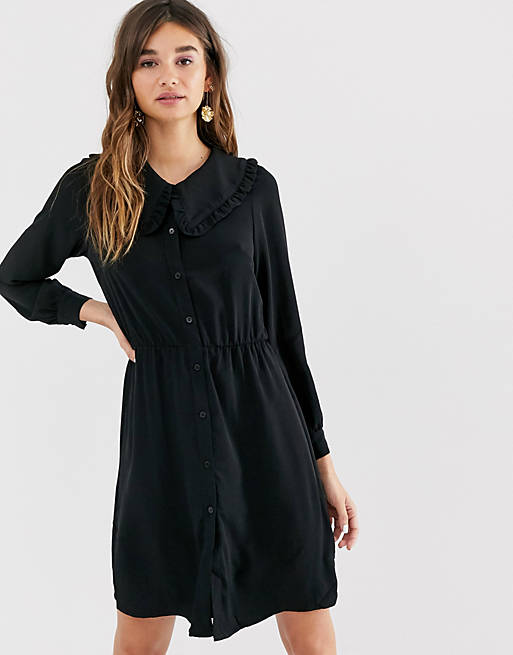 Monki mini dress with long sleeve and oversized collar in black | ASOS