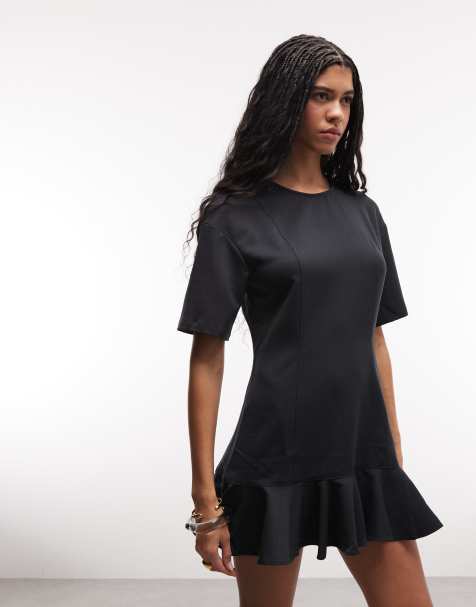 Monki mini dress with ruffle hem detail in black - view 1