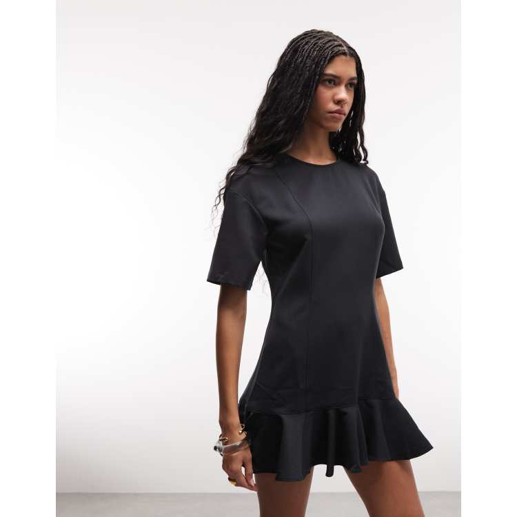 Monki mini dress with ruffle hem detail in black | ASOS