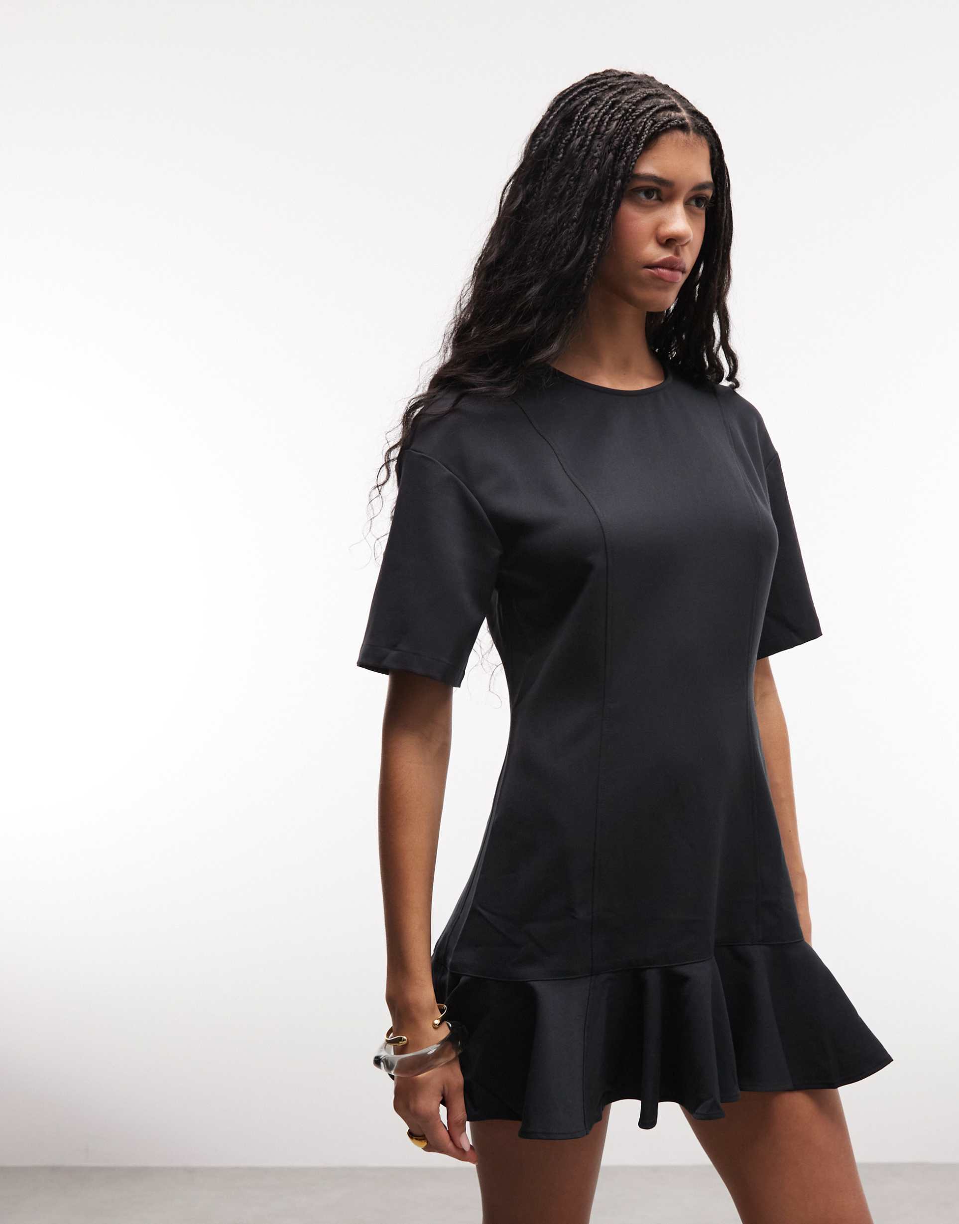 monki mini dress with ruffle hem detail in black