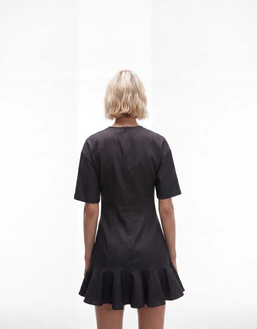 Monki mini dress with ruffle hem detail in dark grey, 4 of 4